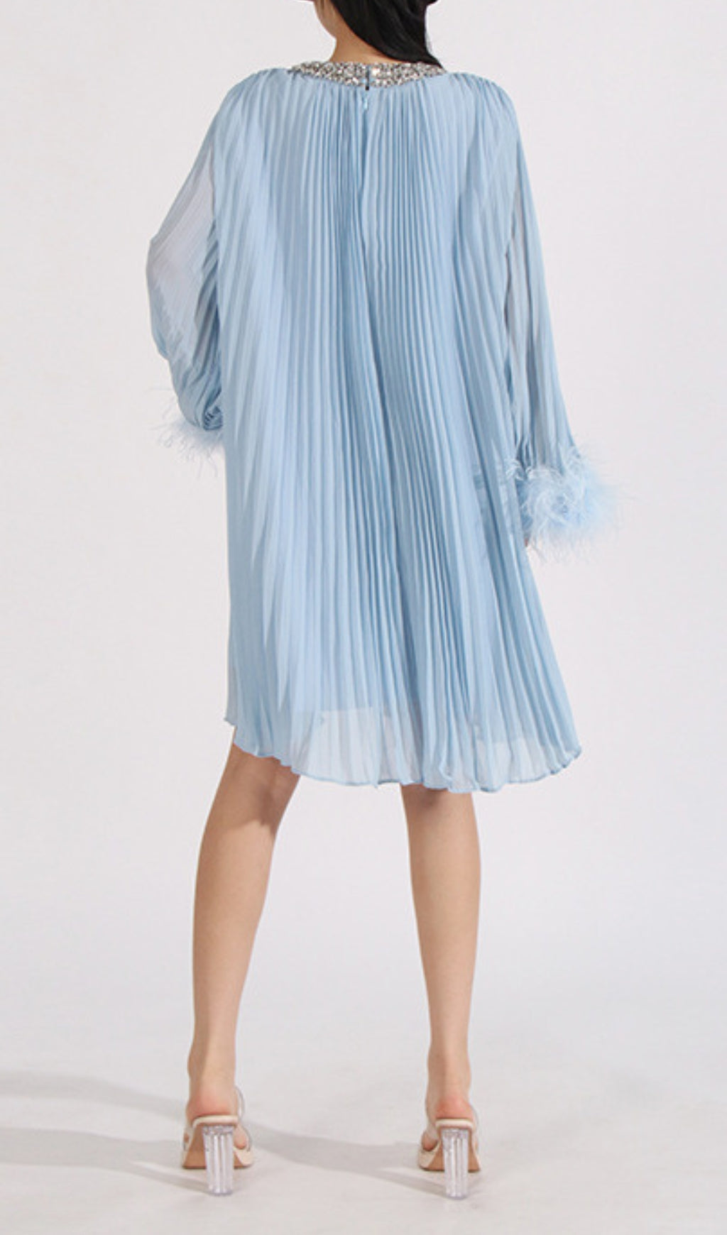 Dazzling Sky Blue Pleated Mini Dress with Feather Cuffs & Crystal Neckline