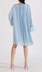 Dazzling Sky Blue Pleated Mini Dress with Feather Cuffs & Crystal Neckline