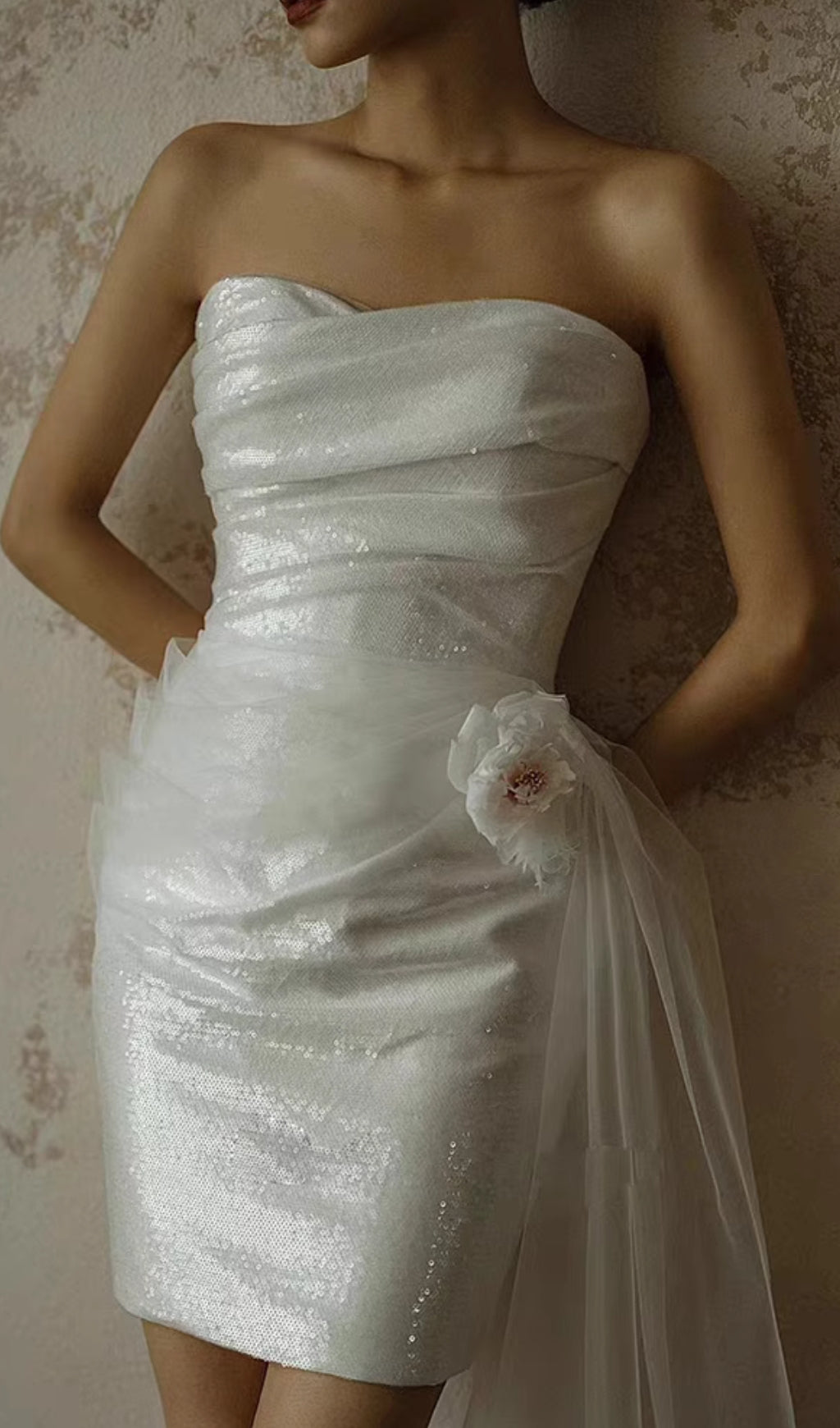 Colissa Strapless Sparkle Mini Dress with Floral Tulle Drape