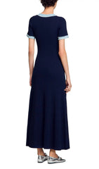 Chic Navy Ribbed Knit Maxi Dress with Denim Trim & Gold Buttons