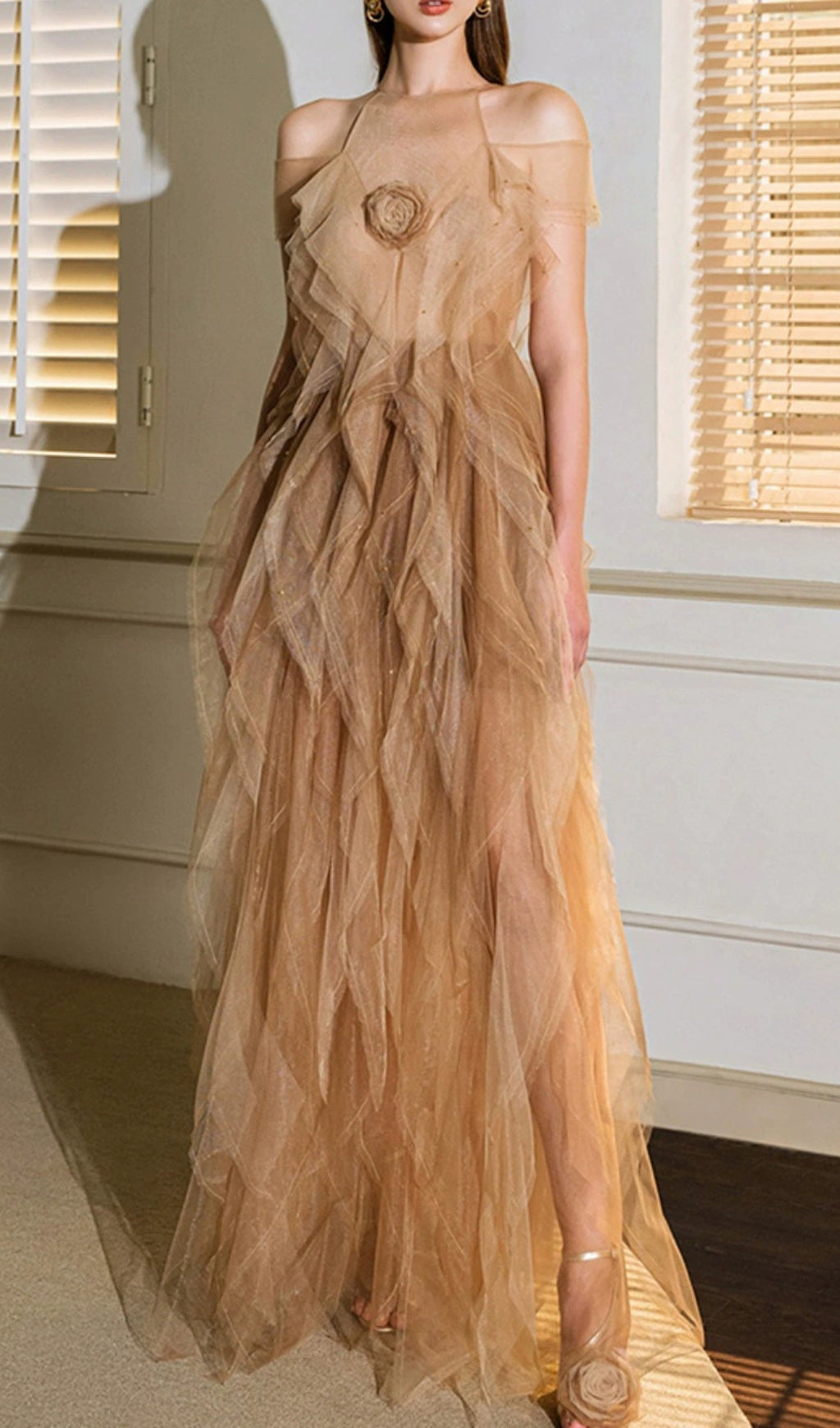 Ethereal Rosette Mesh Ruffle Maxi Gown