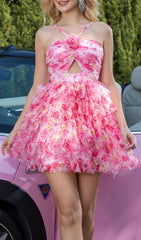 Deirdre Vibrant Pink Floral Halter Mini Dress