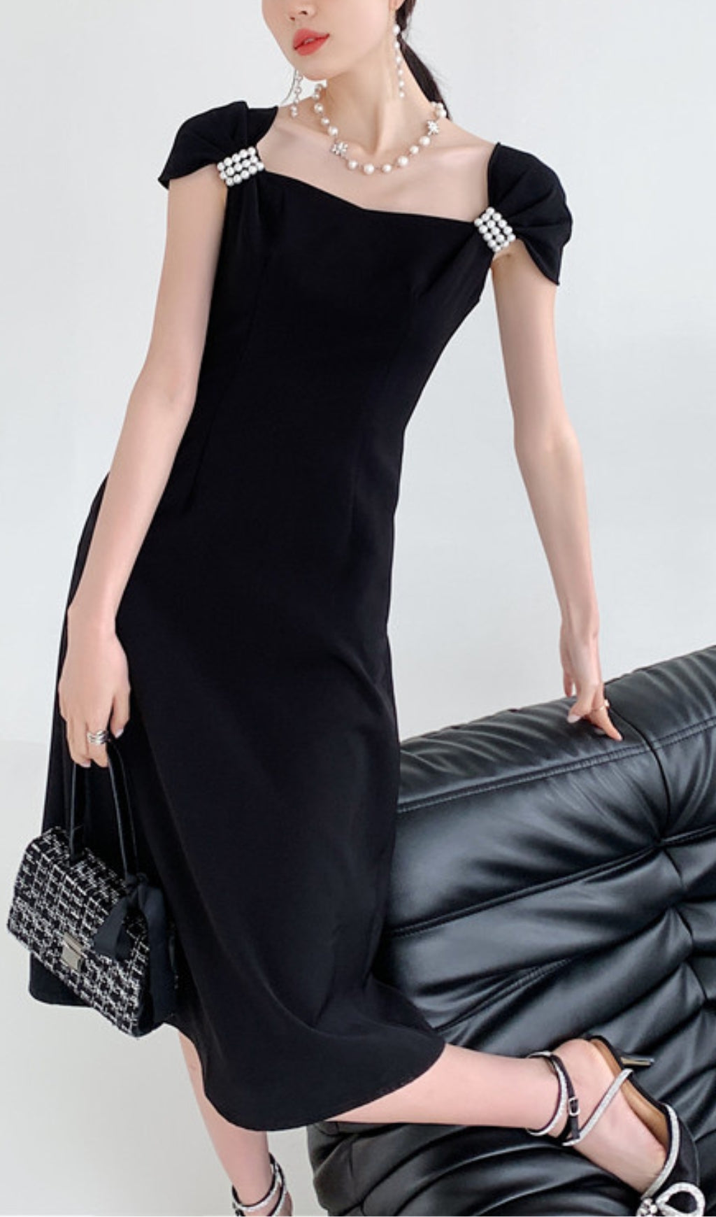 Elegant Black Pearl-Embellished Midi Dress