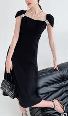 Elegant Black Pearl-Embellished Midi Dress
