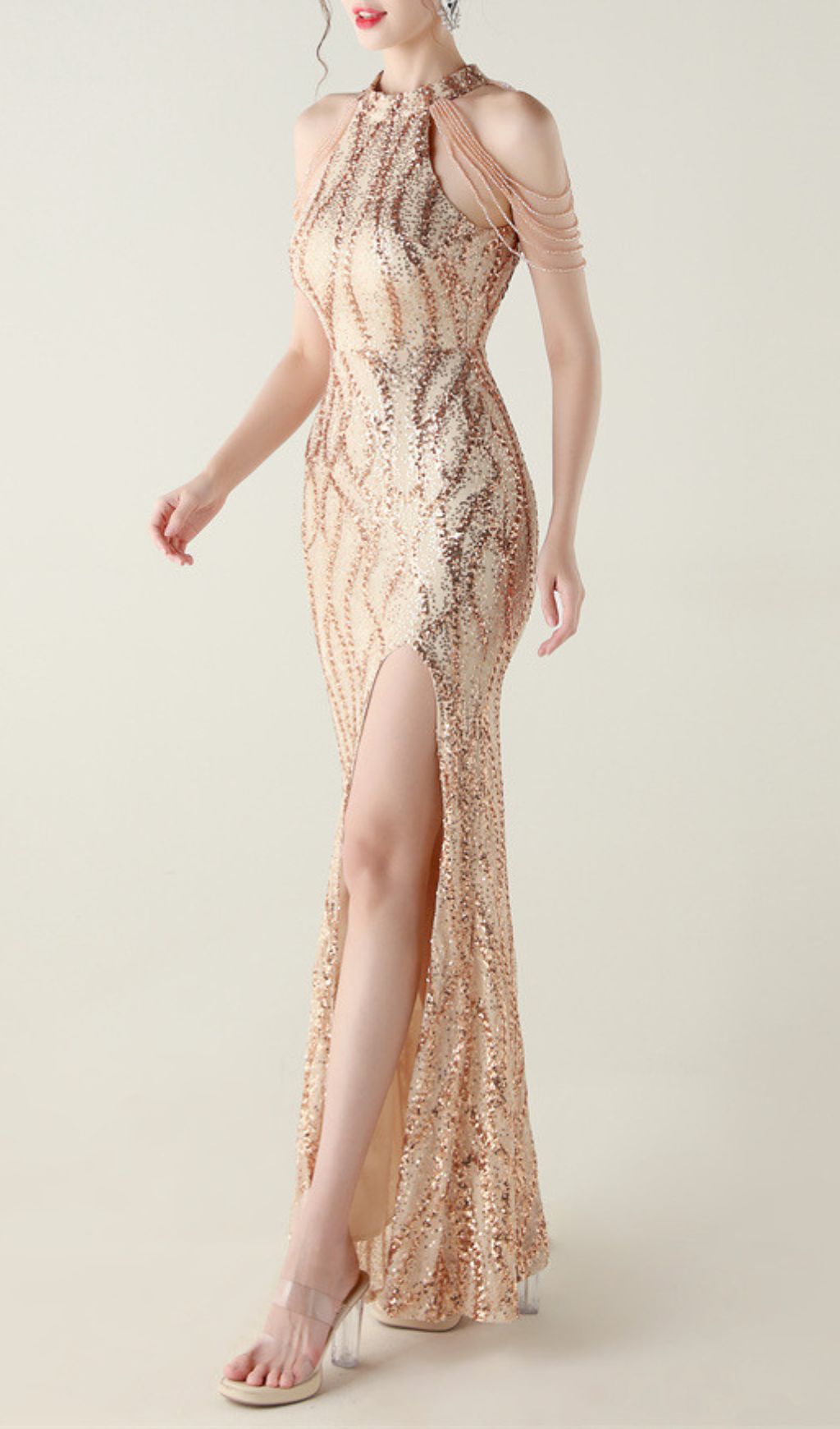 Ikra Glamour Halter Sequin High Slit Maxi Dress