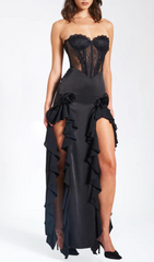 Amlie Black Satin Lace Corset Maxi Dress