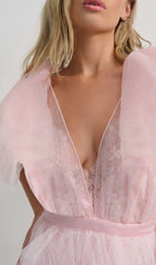 Elisana Pink Tulle Ruffle High-Low Maxi Dress