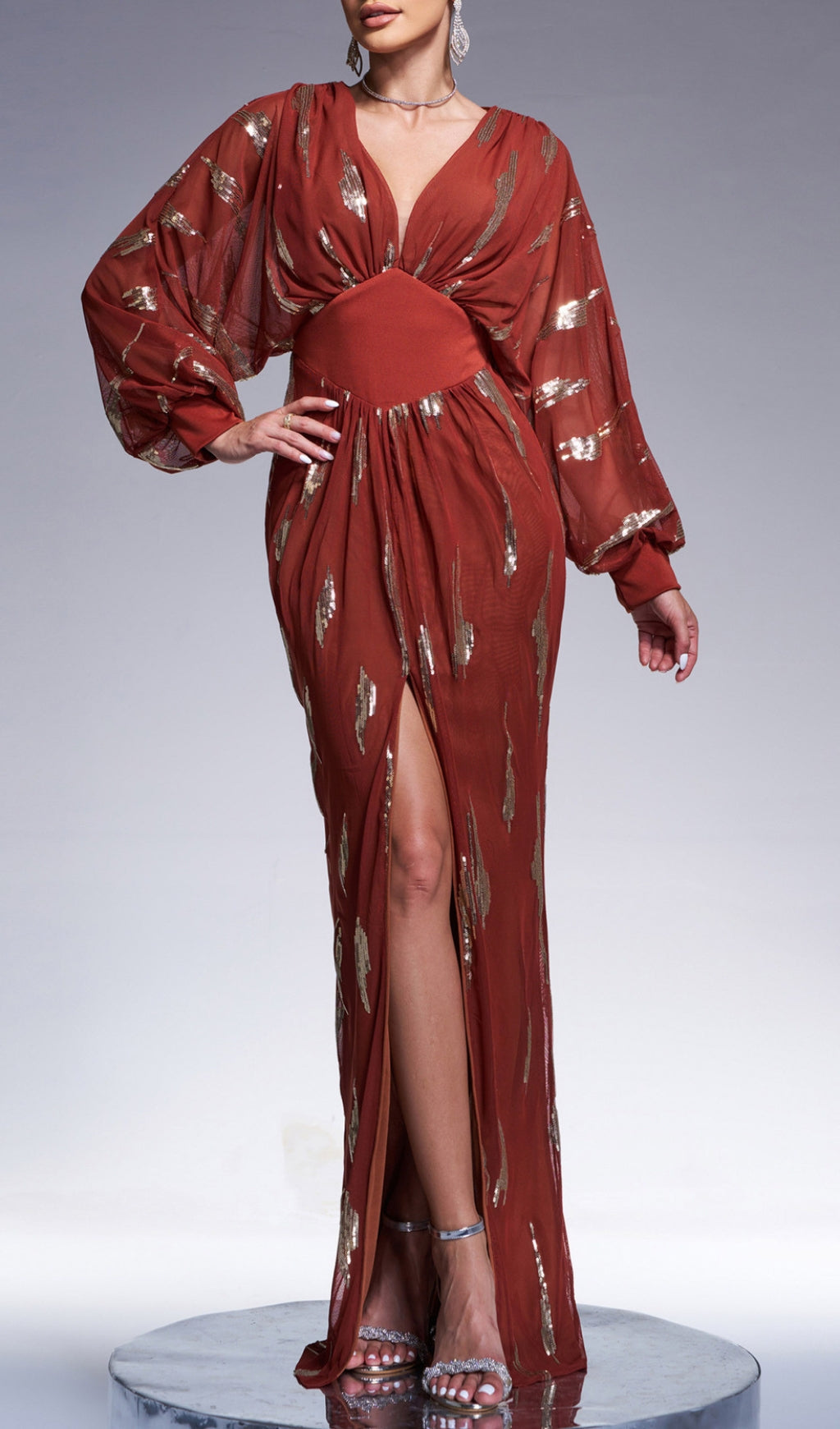 Briallen Glamour V-Neck Shimmering Gold Maxi Dress