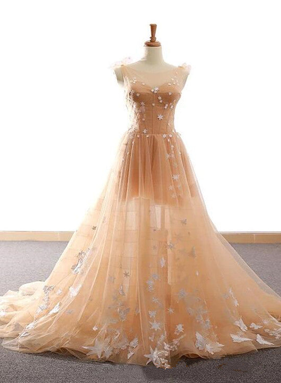 Pretty Champagne Straps Custom Tulle Party Dress