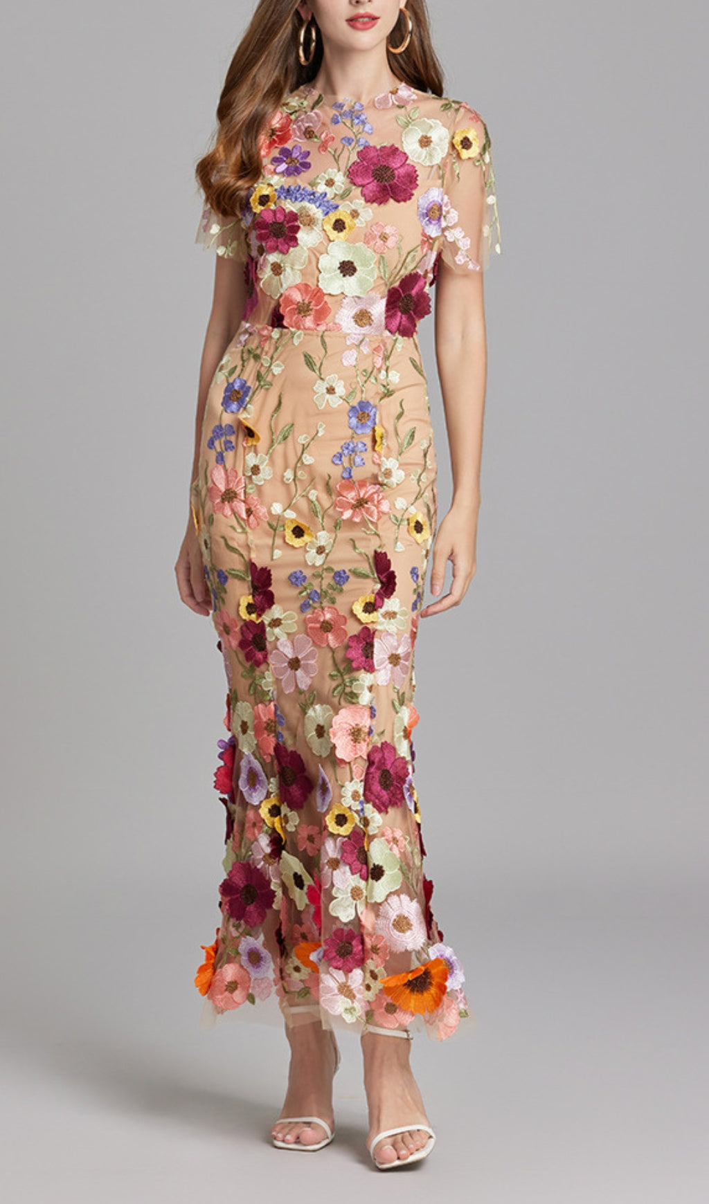 Elegant Floral Embroidered Mesh Fishtail Midi Dress