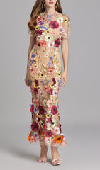 Elegant Floral Embroidered Mesh Fishtail Midi Dress