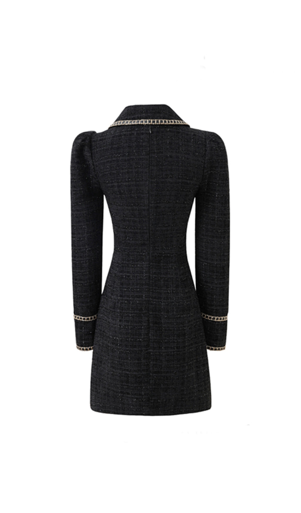 Campana Chic Black Tweed Mini Dress with Gold Chain & Button Accents