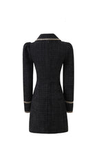 Campana Chic Black Tweed Mini Dress with Gold Chain & Button Accents