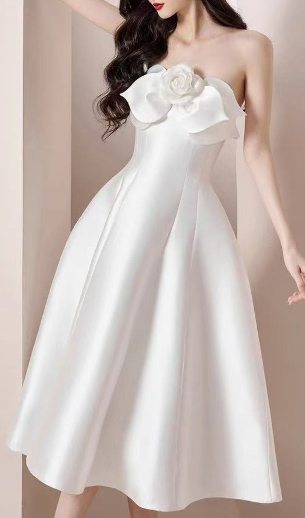 The Scarlet Bloom Strapless Midi Dress