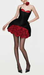 Ildiko Black Strapless Corset Mini Dress with Red Roses