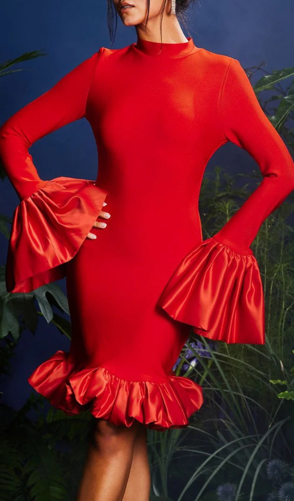 Omiros Elegant Red Flounce Sleeve Bodycon Midi Dress