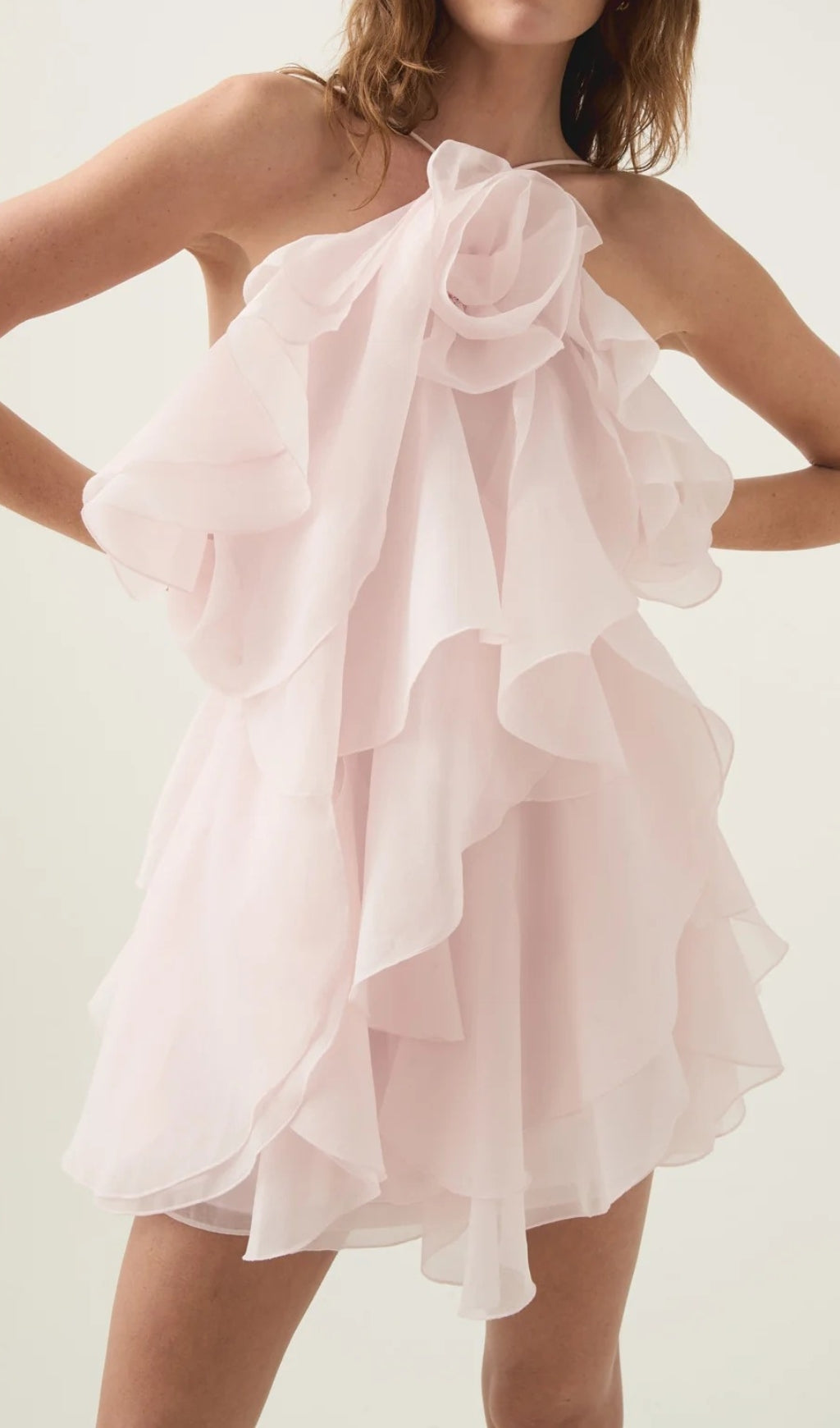 Pandorea Dreamy Pastel Pink Ruffle Halter Mini Dress