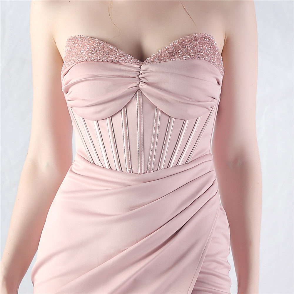 Chizue Pink Strapless Corset Maxi Dress with High Slit