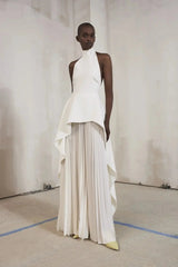 Elegant White Halter Neck Maxi Dress with Sculpted Peplum & Pleated Skirt