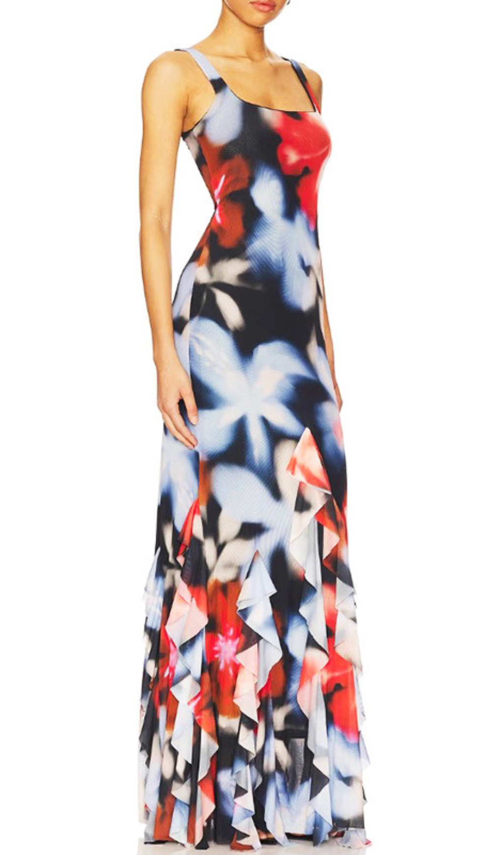 Gracia Vibrant Abstract Floral Maxi Dress with Tiered Ruffles
