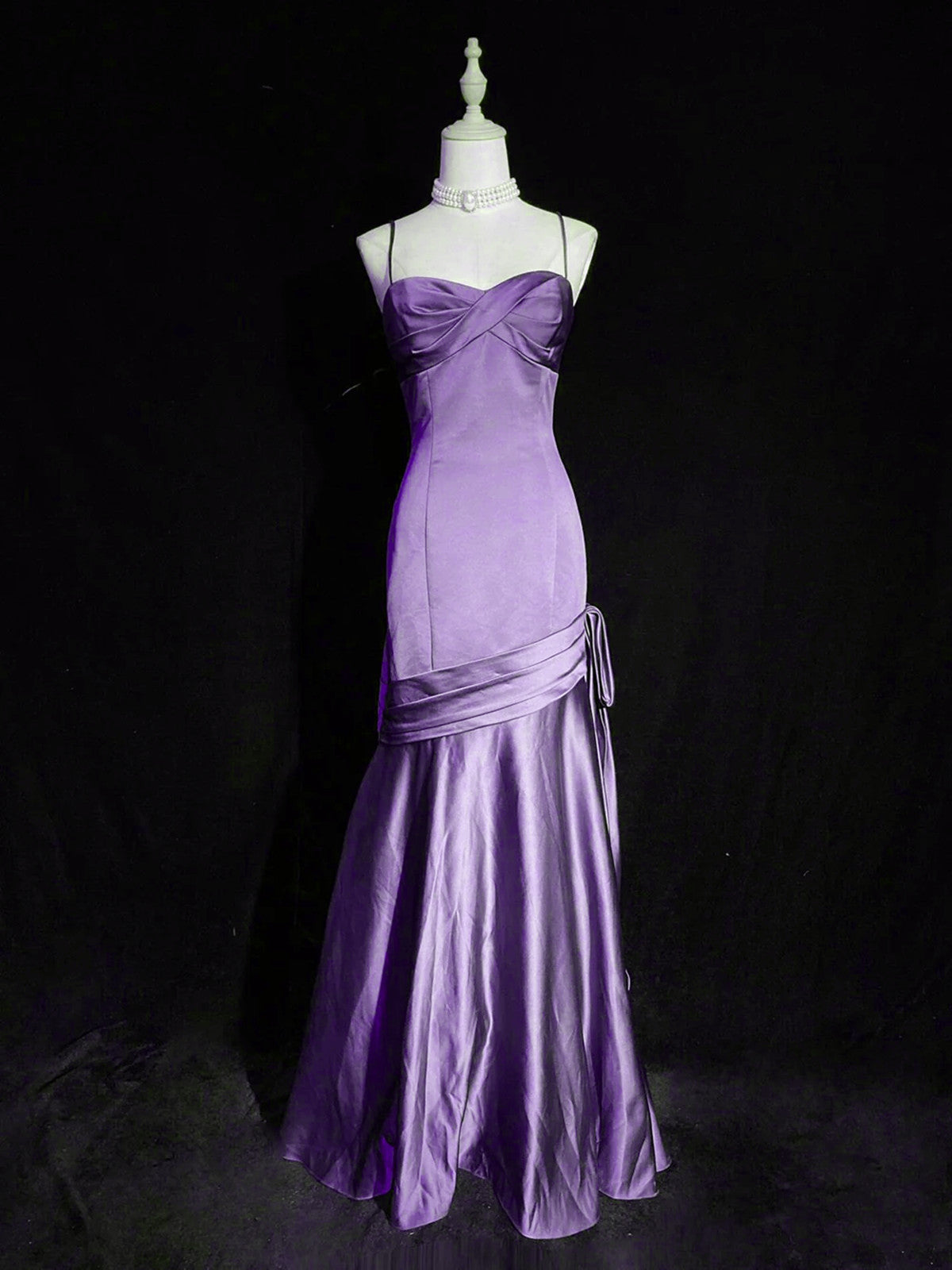 Vestido de noche largo con escote corazón y tirantes de sirena morado, vestido de fiesta de satén morado 