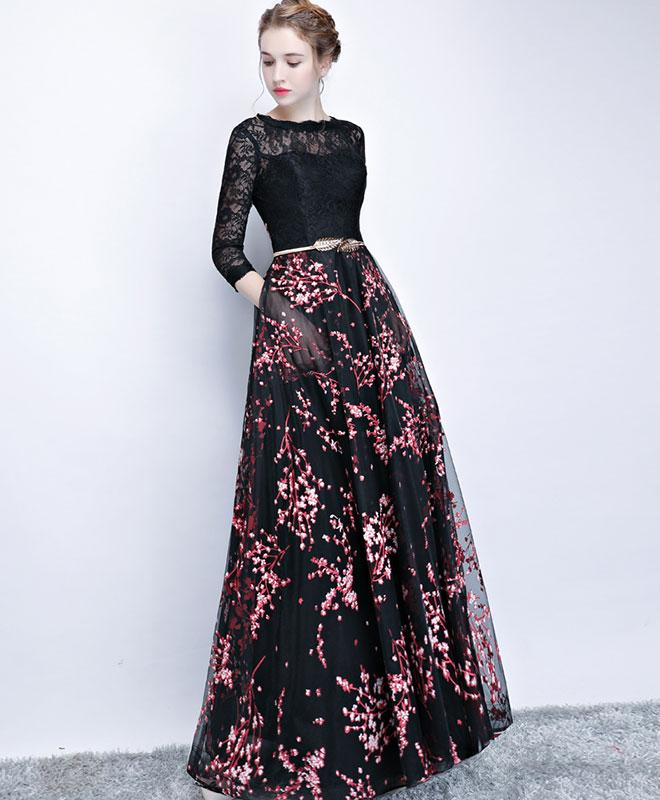 Black Lace and Pink Floral Tulle Long Party Dress