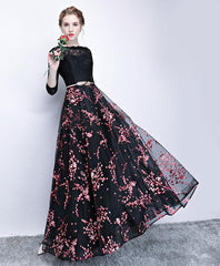 Black Lace and Pink Floral Tulle Long Party Dress