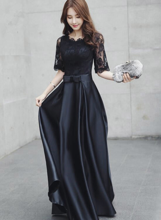 Vestido de fiesta de boda largo de satén negro con encaje, mangas cortas y corte A 