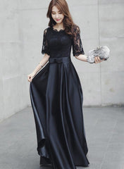 Vestido de fiesta de boda largo de satén negro con encaje, mangas cortas y corte A 