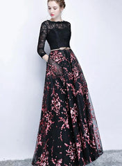 Black Lace and Pink Floral Tulle Long Party Dress