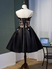 Charming Black Satin with Lace Applique Homecoming Dress