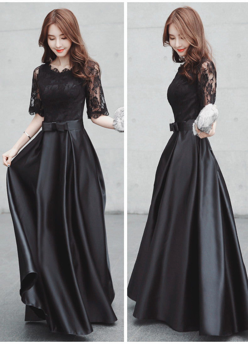 Vestido de fiesta de boda largo de satén negro con encaje, mangas cortas y corte A 
