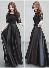 Vestido de fiesta de boda largo de satén negro con encaje, mangas cortas y corte A 