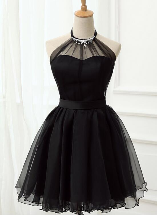 Cute Black Tulle Halter Short Homecoming Dress