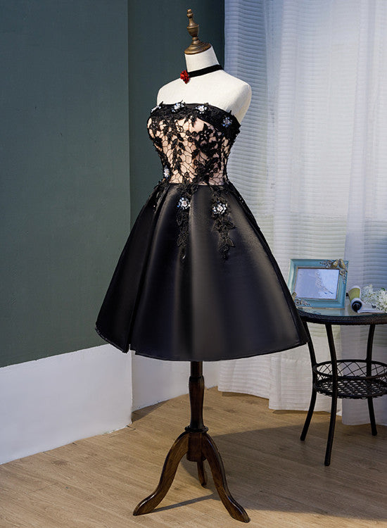 Charming Black Satin with Lace Applique Homecoming Dress