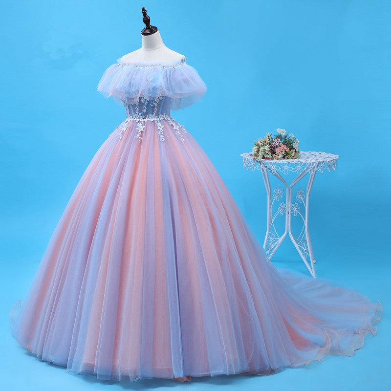 Charming Blue and Pink Tulle Off Shoulder Sweet 16 Dress with Lace