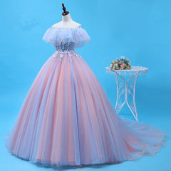 Charming Blue and Pink Tulle Off Shoulder Sweet 16 Dress with Lace