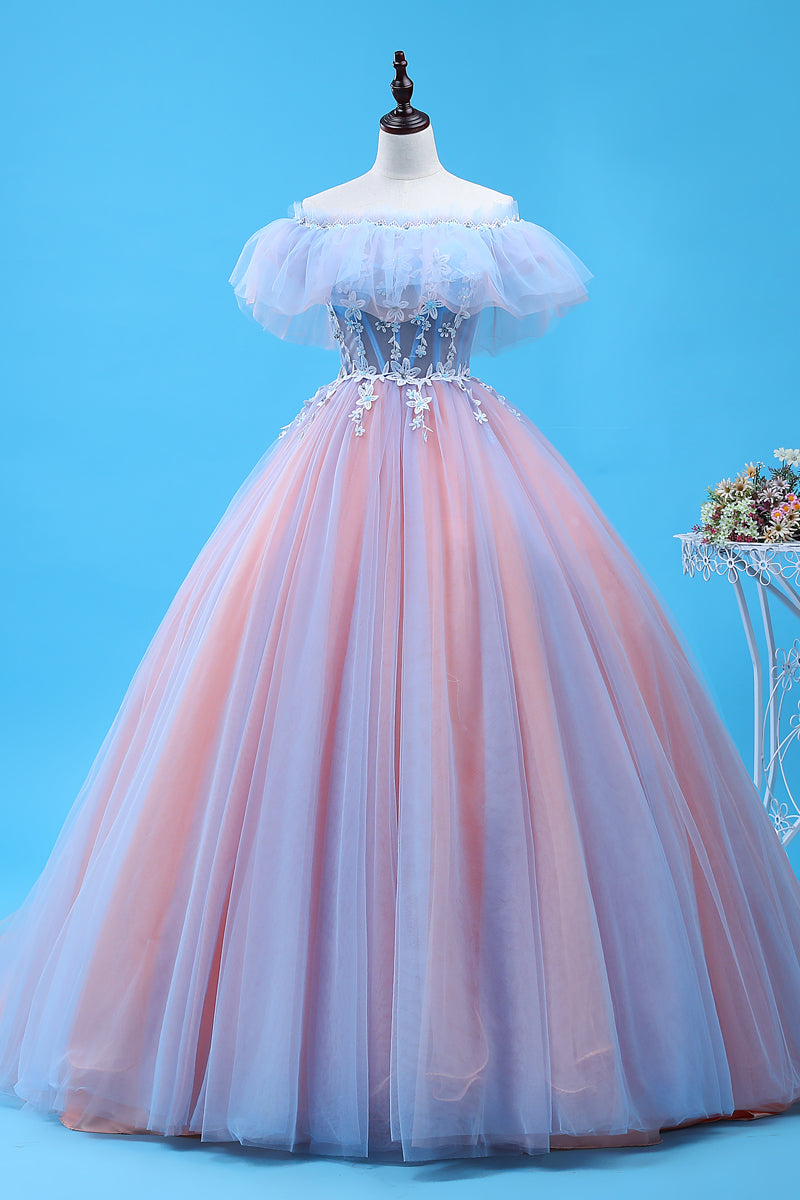 Charming Blue and Pink Tulle Off Shoulder Sweet 16 Dress with Lace