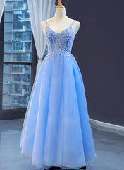 Blue V-neckline Tulle Beaded Long Straps Beaded Dress