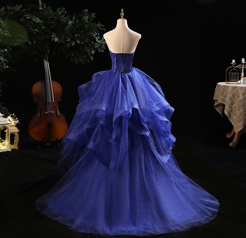 Blue Prom Dresses Ruffles Tiered Crystal Beaded Top FormalParty Dress