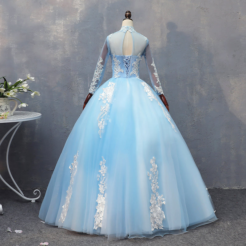 Vestido de tul con encaje y mangas largas azul para quinceañeras 