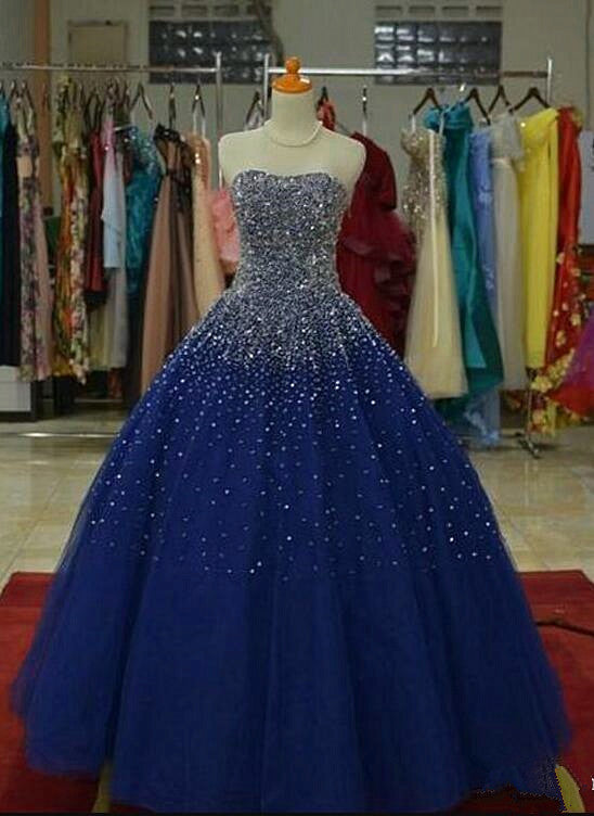 Blue Tulle Sequins Long Ball Gown Formal Dress