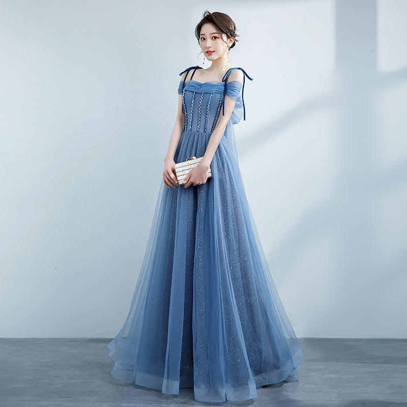 Blue Shiny Tulle Off Shoulder Beaded Straps A-line Party Dress
