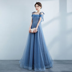 Blue Shiny Tulle Off Shoulder Beaded Straps A-line Party Dress