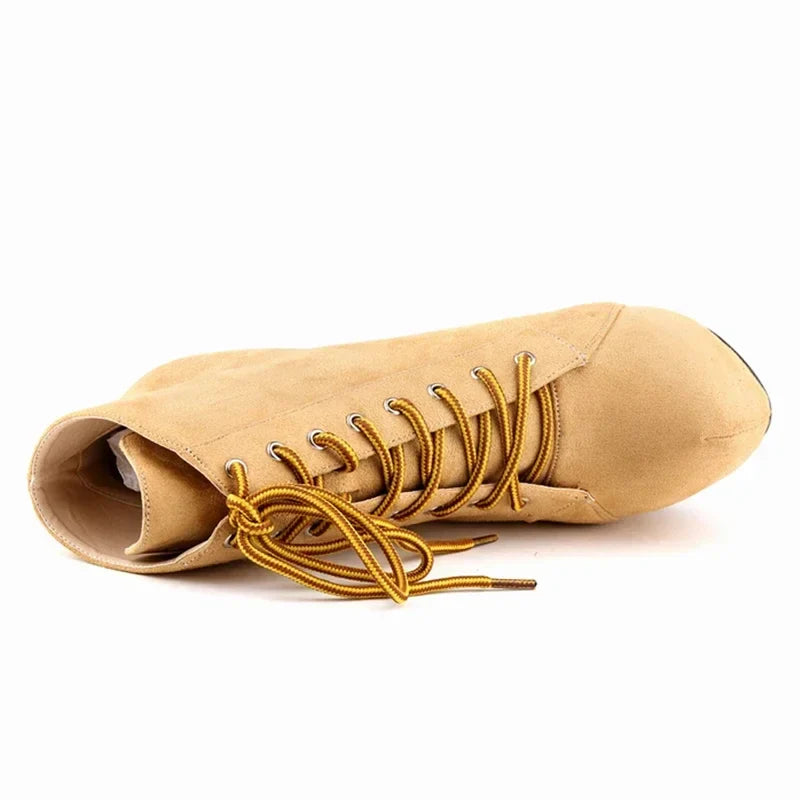 botas mujer Ankle Boots Autumn Platform Round Toe Side Zipper High Heels Pumps Lace-Up Flock Shoes