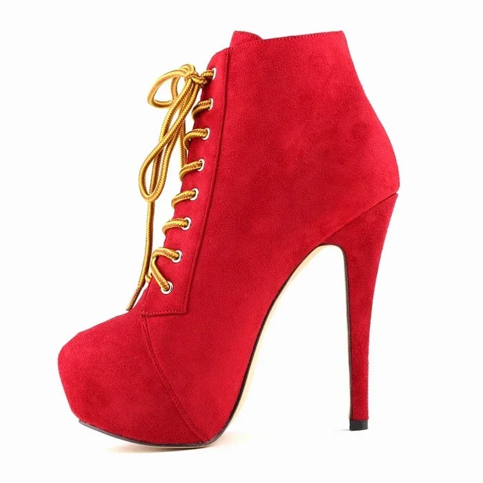 botas mujer Ankle Boots Autumn Platform Round Toe Side Zipper High Heels Pumps Lace-Up Flock Shoes