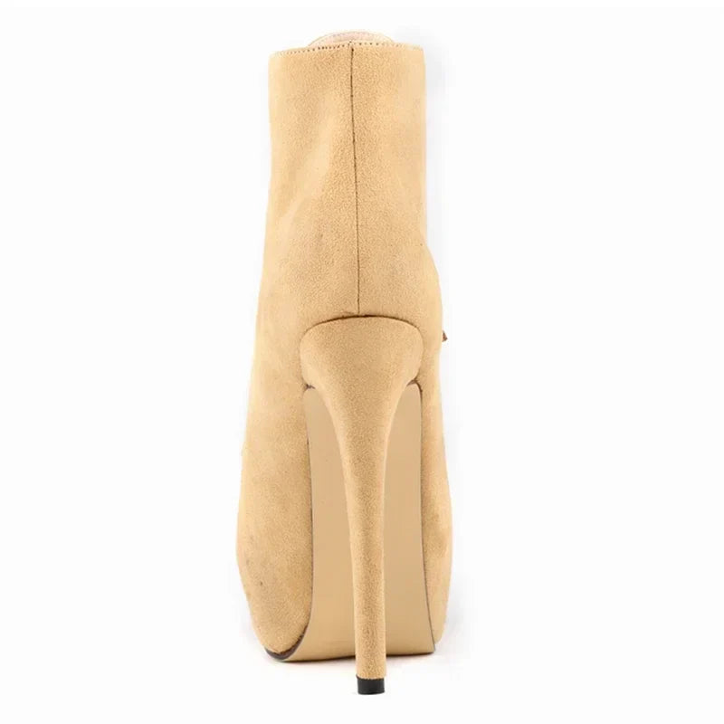 botas mujer Ankle Boots Autumn Platform Round Toe Side Zipper High Heels Pumps Lace-Up Flock Shoes