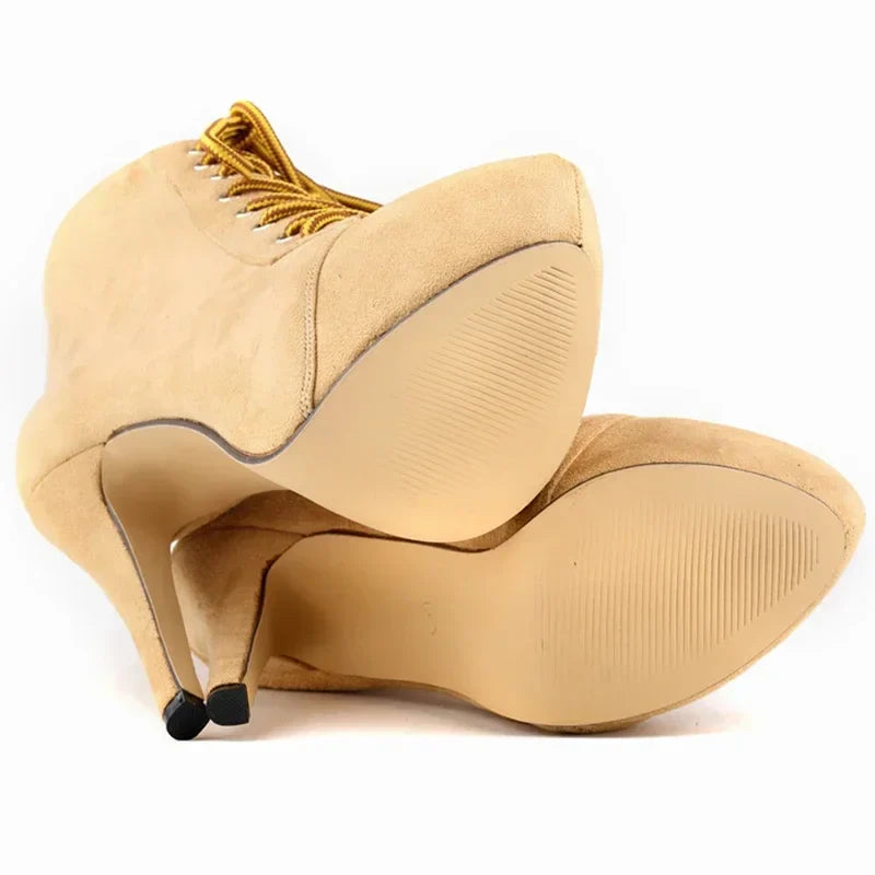botas mujer Ankle Boots Autumn Platform Round Toe Side Zipper High Heels Pumps Lace-Up Flock Shoes