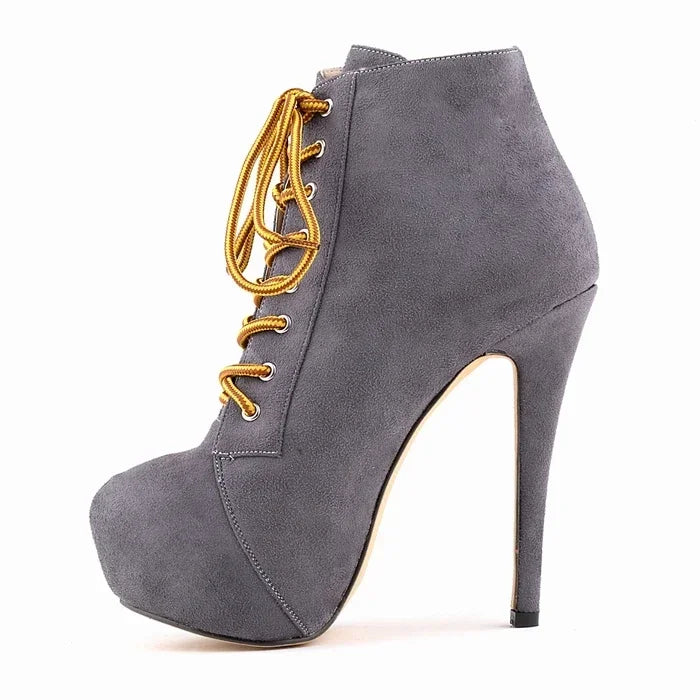 botas mujer Ankle Boots Autumn Platform Round Toe Side Zipper High Heels Pumps Lace-Up Flock Shoes