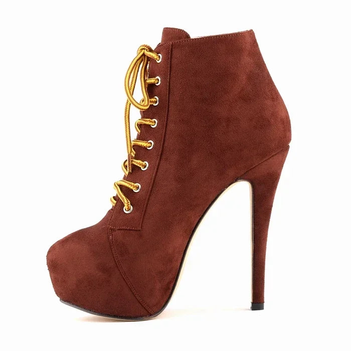 botas mujer Ankle Boots Autumn Platform Round Toe Side Zipper High Heels Pumps Lace-Up Flock Shoes